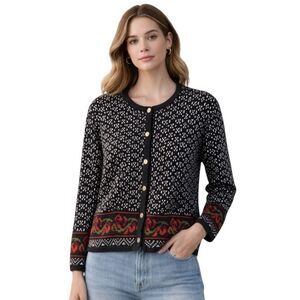 Vintage Tally Ho Sweater Womens Small Black Knit Floral Border Cardigan 90s